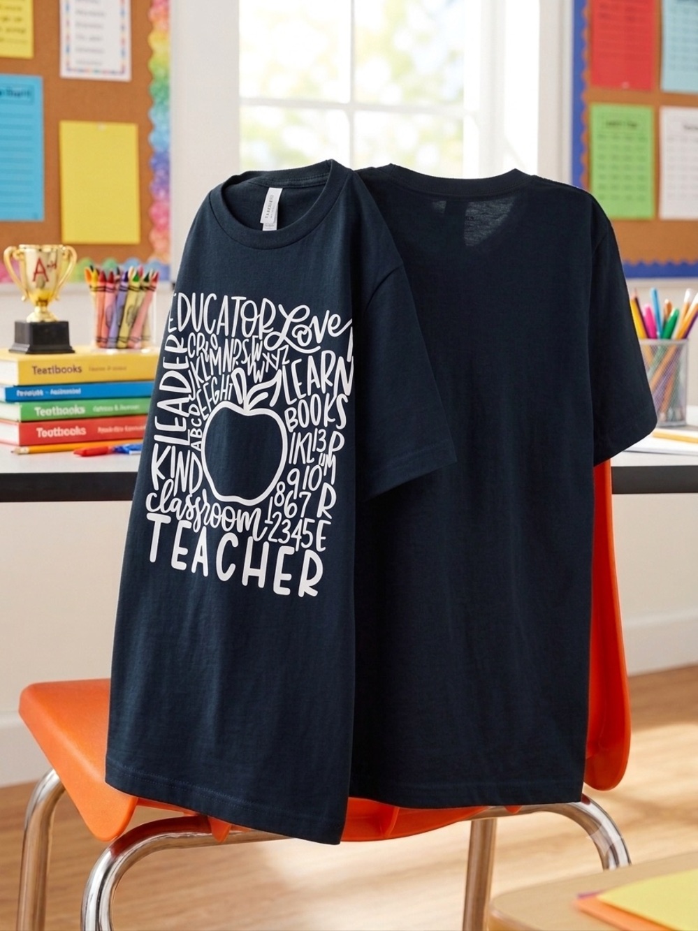Tultex Navy Blue Teacher Graphic Tee with White Print w Positive words +Apple 🍎